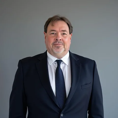 Mike Praska, smiling, in a dark suit and tie against a gray background.