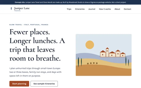 Home page of Juniper Lane Travel, a made-up travel advisor, with the headline "Fewer places. Longer lunches. A trip that leaves room to breathe."
