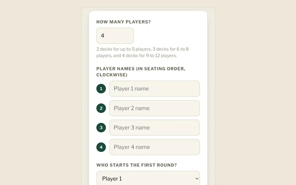 The scorekeeper setup screen on a phone, asking how many players there are and their names.